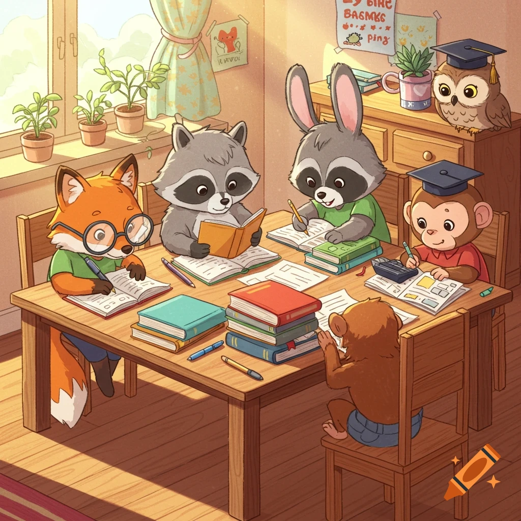 A whimsical illustration of a fox, two raccoons, two monkeys, and an owl studying together at a wooden table in a sunny room.