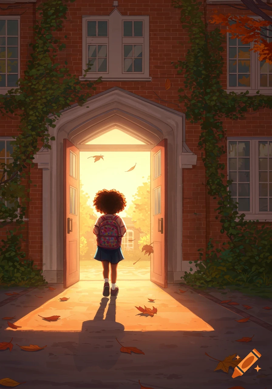 A young girl with curly hair and a colorful backpack walks into a sunlit school building on an autumn day, stylized illustration.