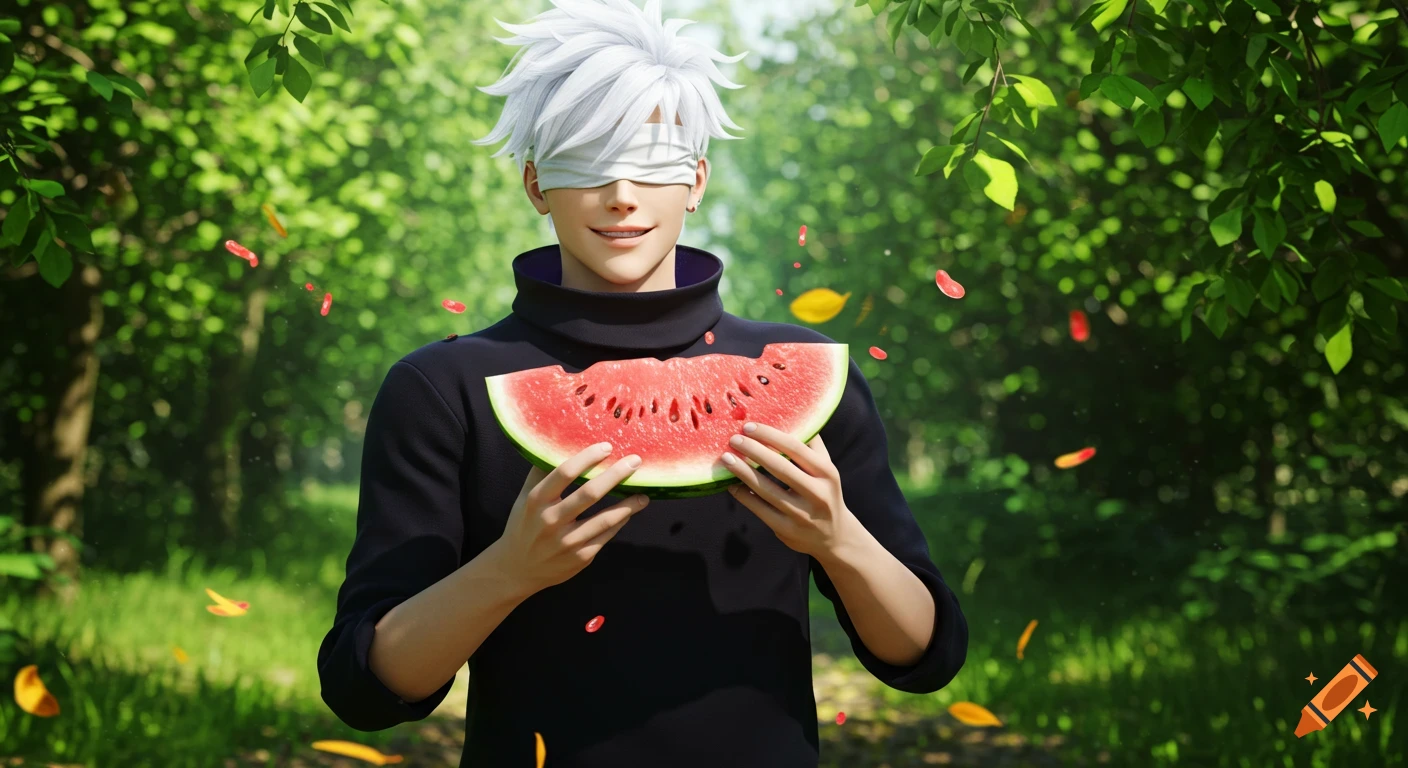 Gojo Satoru from Jujutsu Kaisen, blindfolded, smiles while holding a slice of watermelon in a lush green forest with falling leaves.
