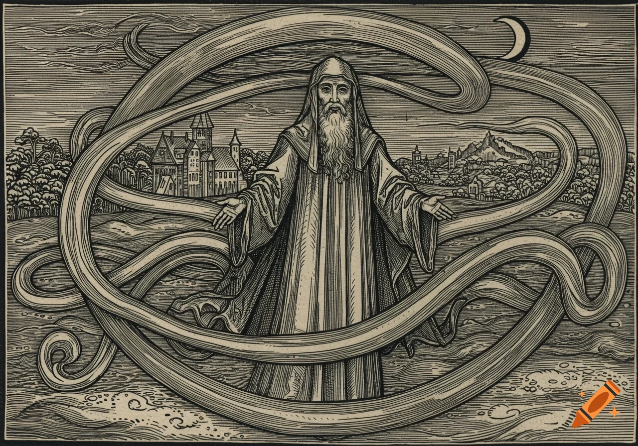 Black and white woodcut engraving of an old man with a beard and robe, arms outstretched, with a castle and crescent moon.