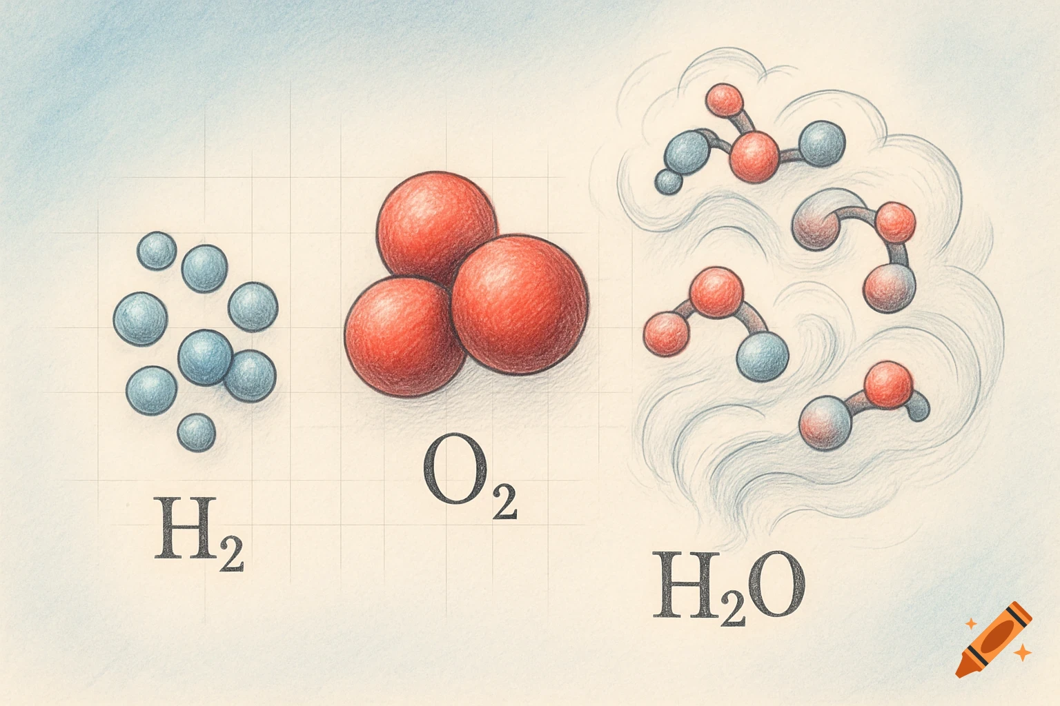 A colorful sketch illustrating the chemical structures of hydrogen (H2), oxygen (O2), and water (H2O) molecules.