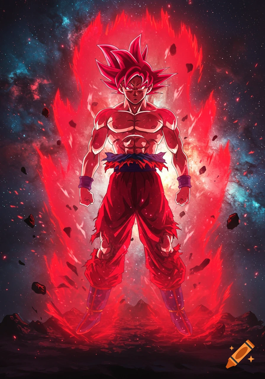 Goku as Super Saiyan God with spiky red hair and intense red aura, standing on a rocky surface in a cosmic background.