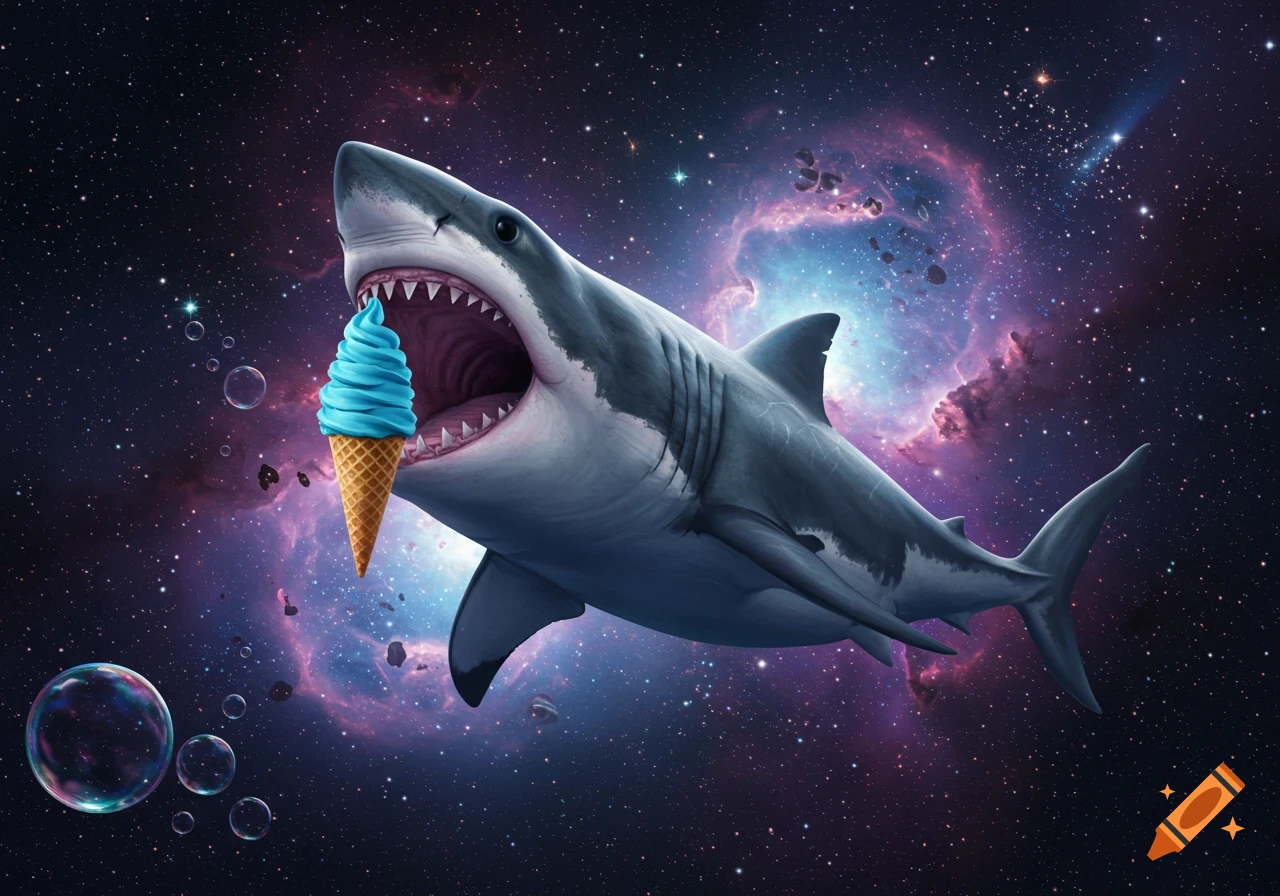 A whimsical digital illustration of a great white shark eating a blue soft-serve ice cream cone in deep space with nebulae.