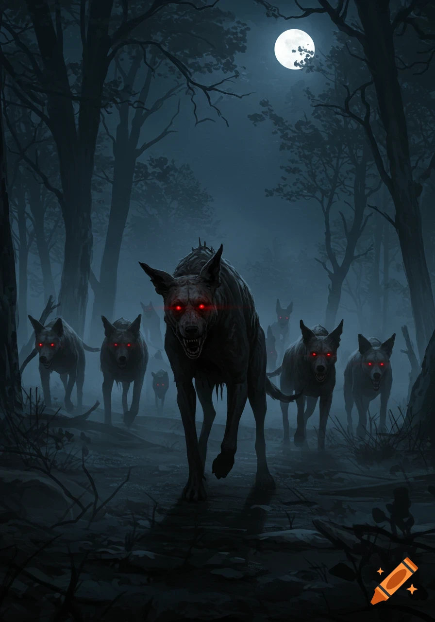 A pack of menacing dark wolf-like creatures with glowing red eyes emerges from a shadowy forest under a full moon.