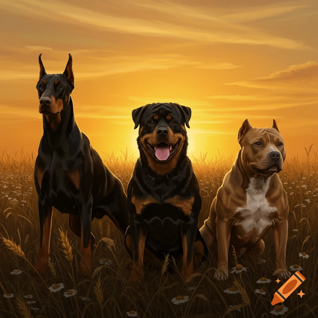 A Doberman, Rottweiler, and Pitbull stand in a golden field with daisies at sunset.