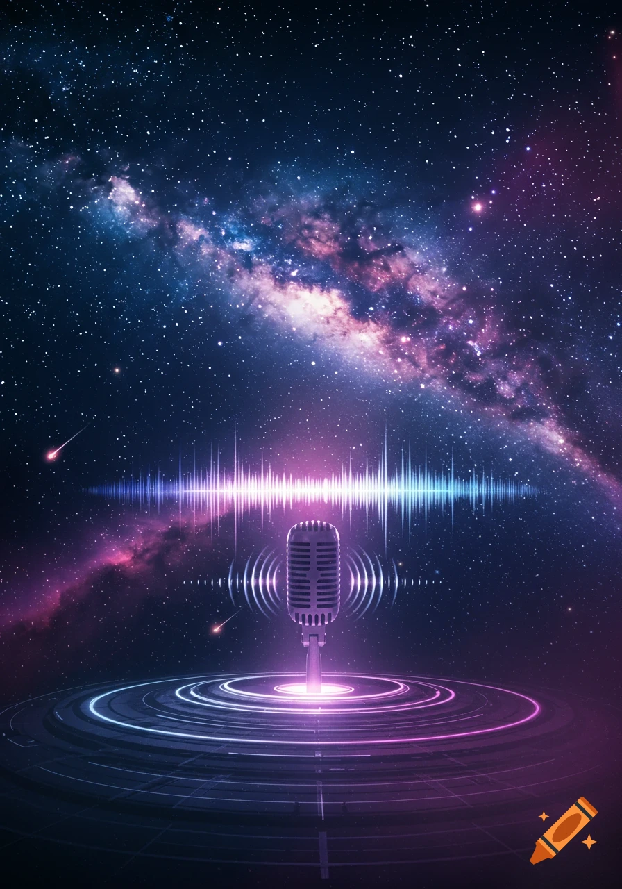 A vintage microphone stands on glowing light rings, emitting vibrant sound waves across a starry galaxy background with nebulae.