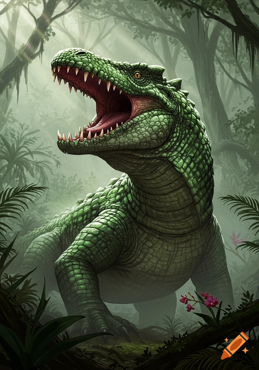 A large green scaly creature resembling a crocodile or dinosaur with an open, roaring mouth, standing in a misty jungle.
