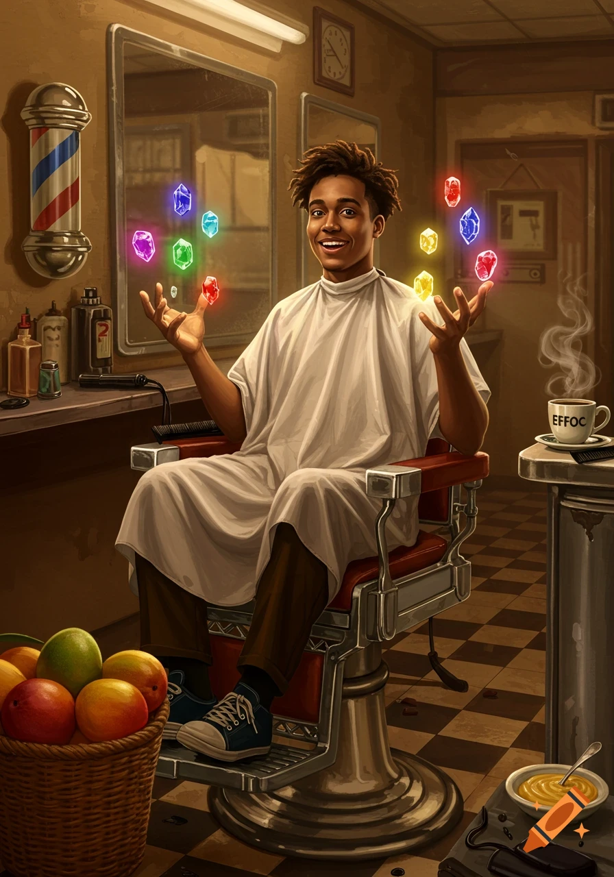 A young man with dreadlocks smiles while juggling glowing gems in a barbershop, with mangoes and a coffee cup nearby. Digital art.