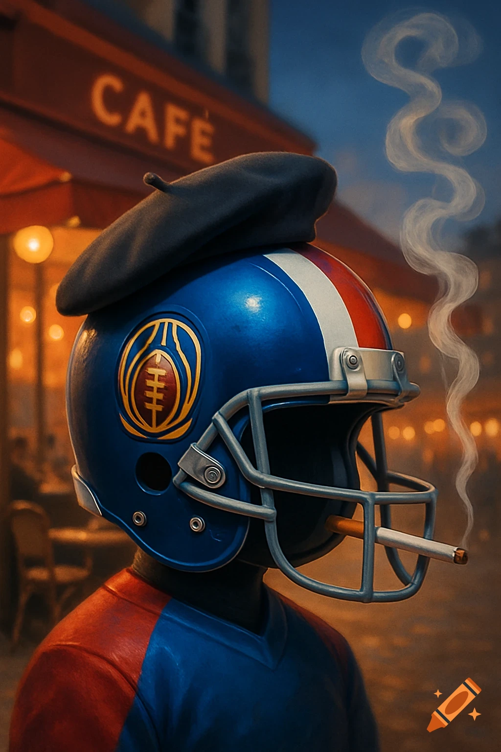 Stylized image of a blue football helmet with a beret and a cigarette, in front of a cafe at dusk.