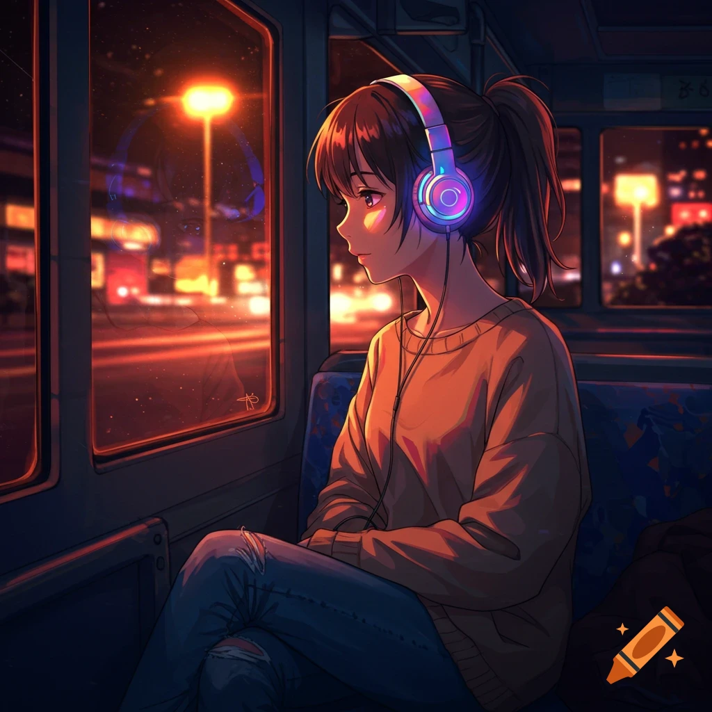 Anime girl with a ponytail wearing glowing headphones, looking out the window of a bus at a city at night.