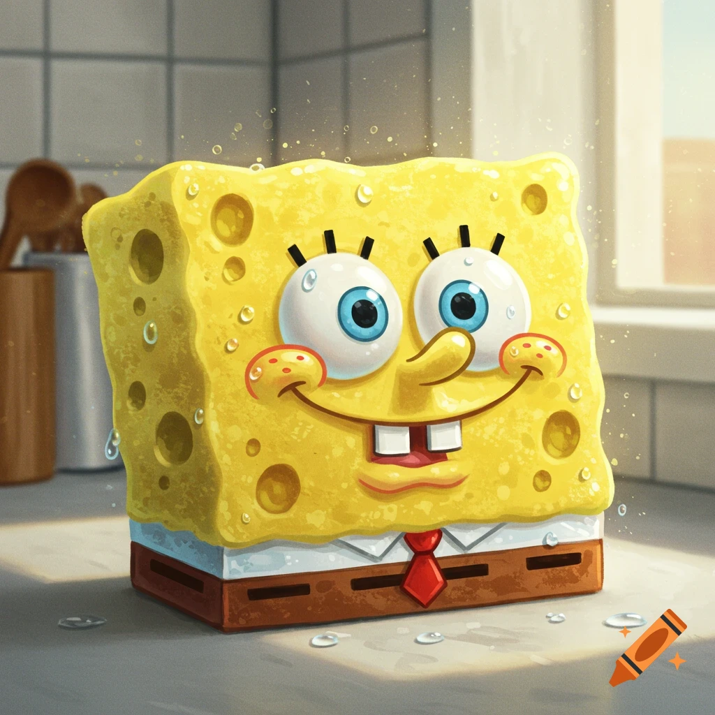 A wet, smiling SpongeBob emoji character on a kitchen counter, bathed in sunlight, with water droplets on his surface.
