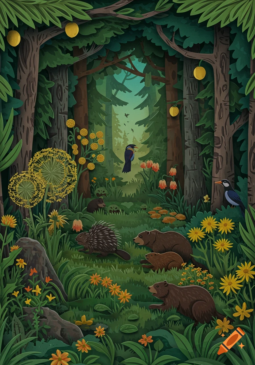 Layered paper-cut illustration of a dense forest with bears, a porcupine, and birds among stylized plants and trees.