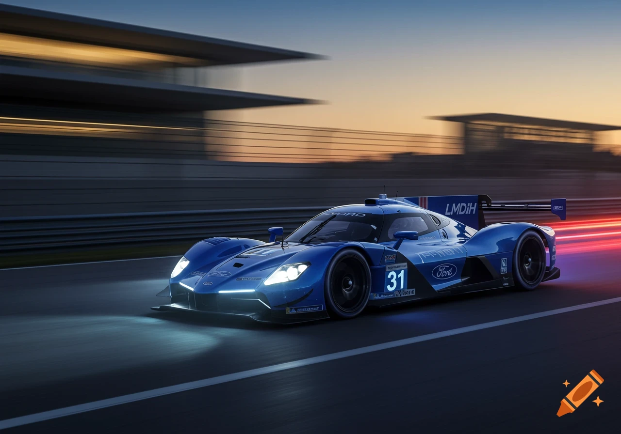 A blue Ford LMDh racing car with number 31 on its side, speeding on a track at dusk with motion blur. Photorealistic style.