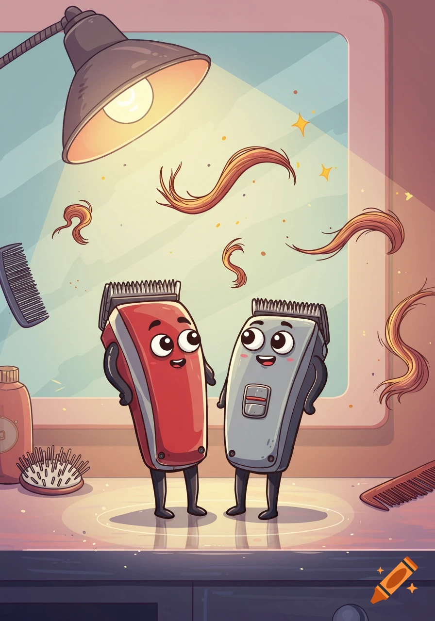 Two cheerful cartoon hair clippers stand on a barbershop counter under a lamp, with loose hair strands floating around them in a bright illustration.
