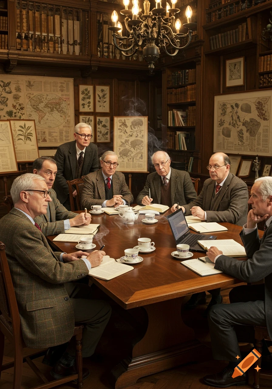 A group of older men, dressed in tweed jackets, gathered around a large wooden seminar table in a wood-paneled study or library, with books and maps on the walls. They are taking notes and discussing.