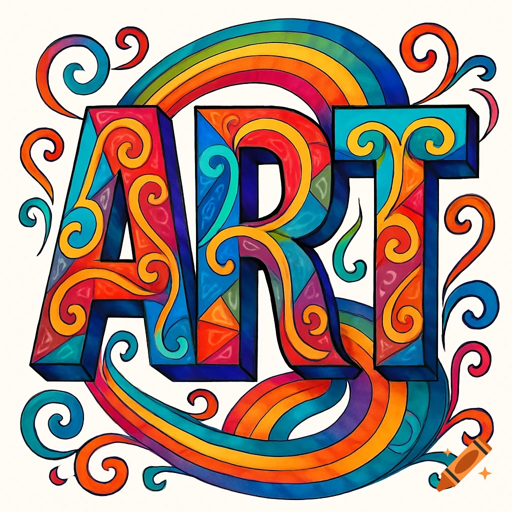 Stylized, colorful block letters spelling ART, adorned with swirls, geometric patterns, and a rainbow arc.