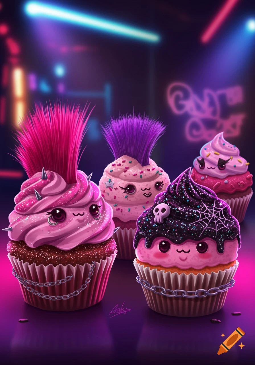 Cute cartoon punk and goth cupcakes with mohawks, spikes, chains, and kawaii faces in a neon background.