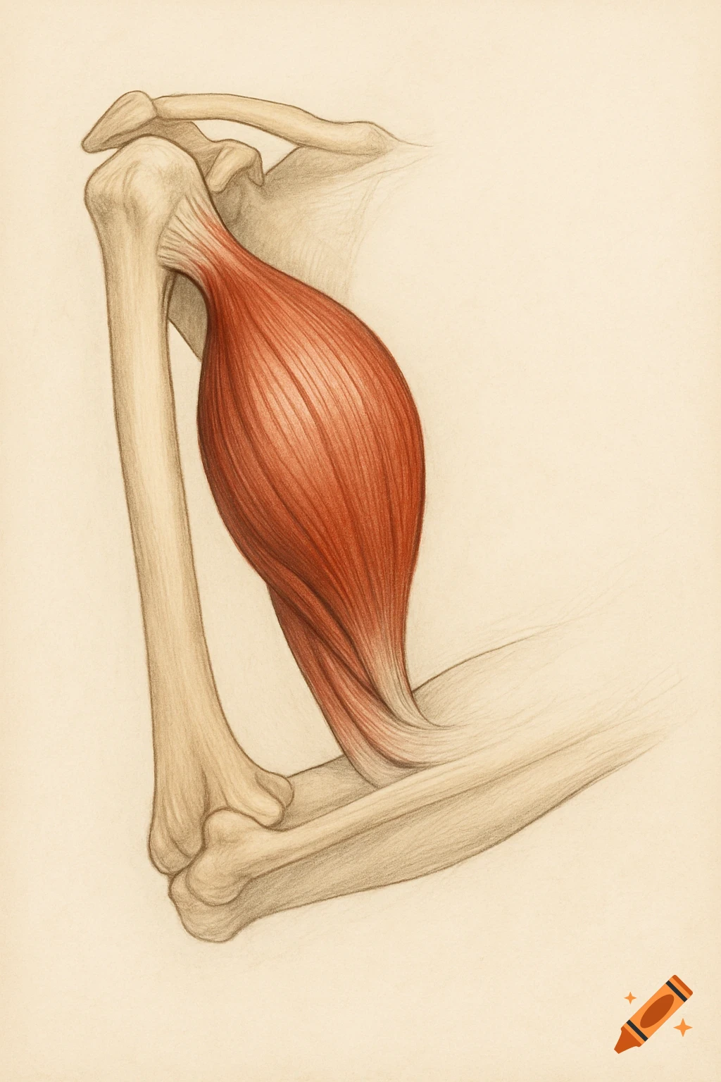 Detailed anatomical drawing of the bicep muscle connected to the bones of the upper arm and shoulder.
