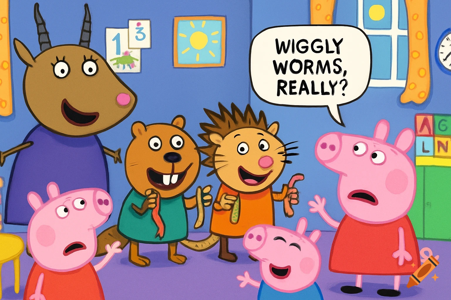 A colorful cartoon of Peppa Pig and other animal characters in a classroom. A speech bubble reads 'WIGGLY WORMS, REALLY?'.