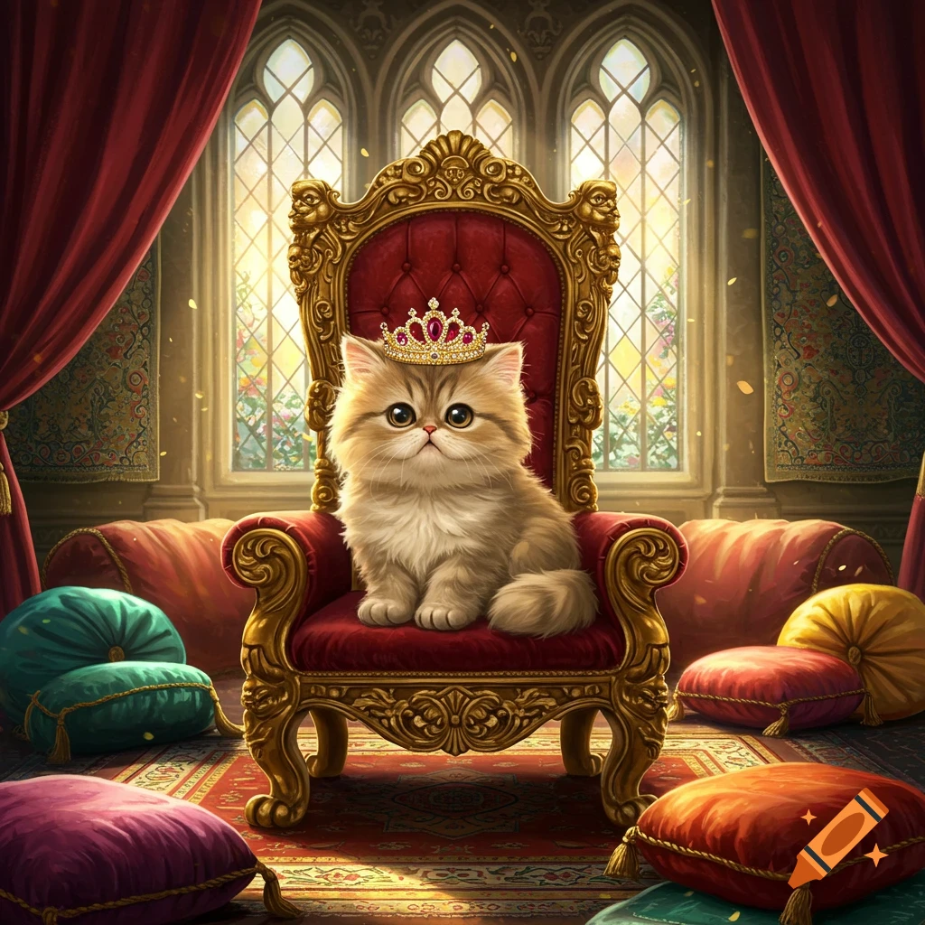A fluffy, light brown cat wearing a jeweled crown sits majestically on a golden and red throne in a grand, ornate room.