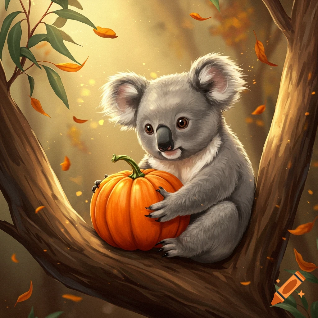 A cute illustrated koala sits on a tree branch, holding an orange pumpkin amidst falling autumn leaves and warm sunlight.
