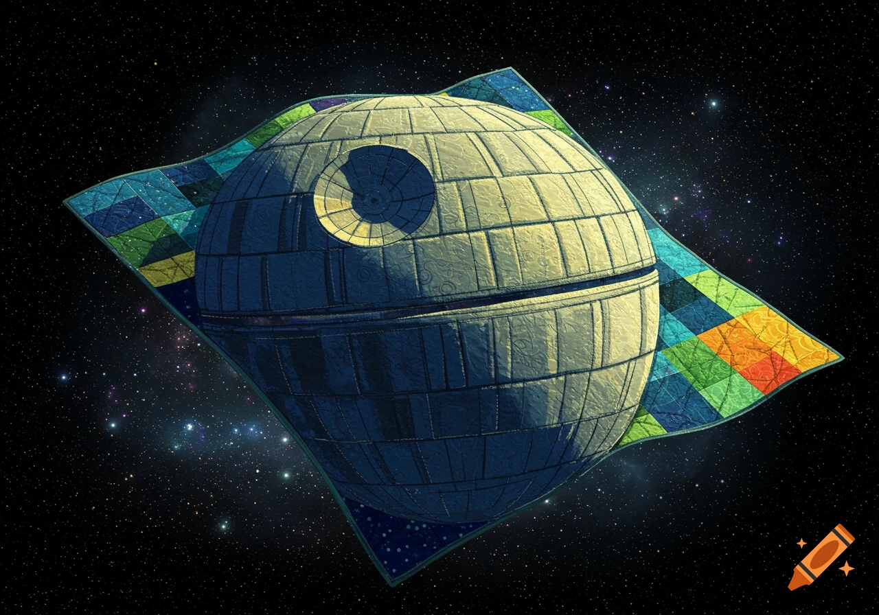 A Death Star-shaped quilt with colorful blue, green, yellow, and orange patchwork floats against a starry cosmic background.