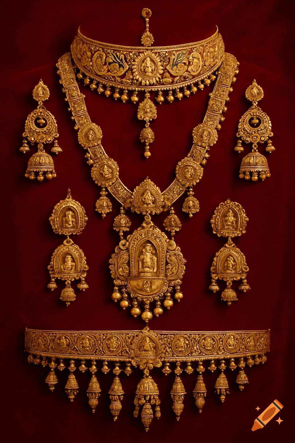 Opulent antique gold South Indian bridal jewelry set with intricate temple artistry on a deep red velvet background.