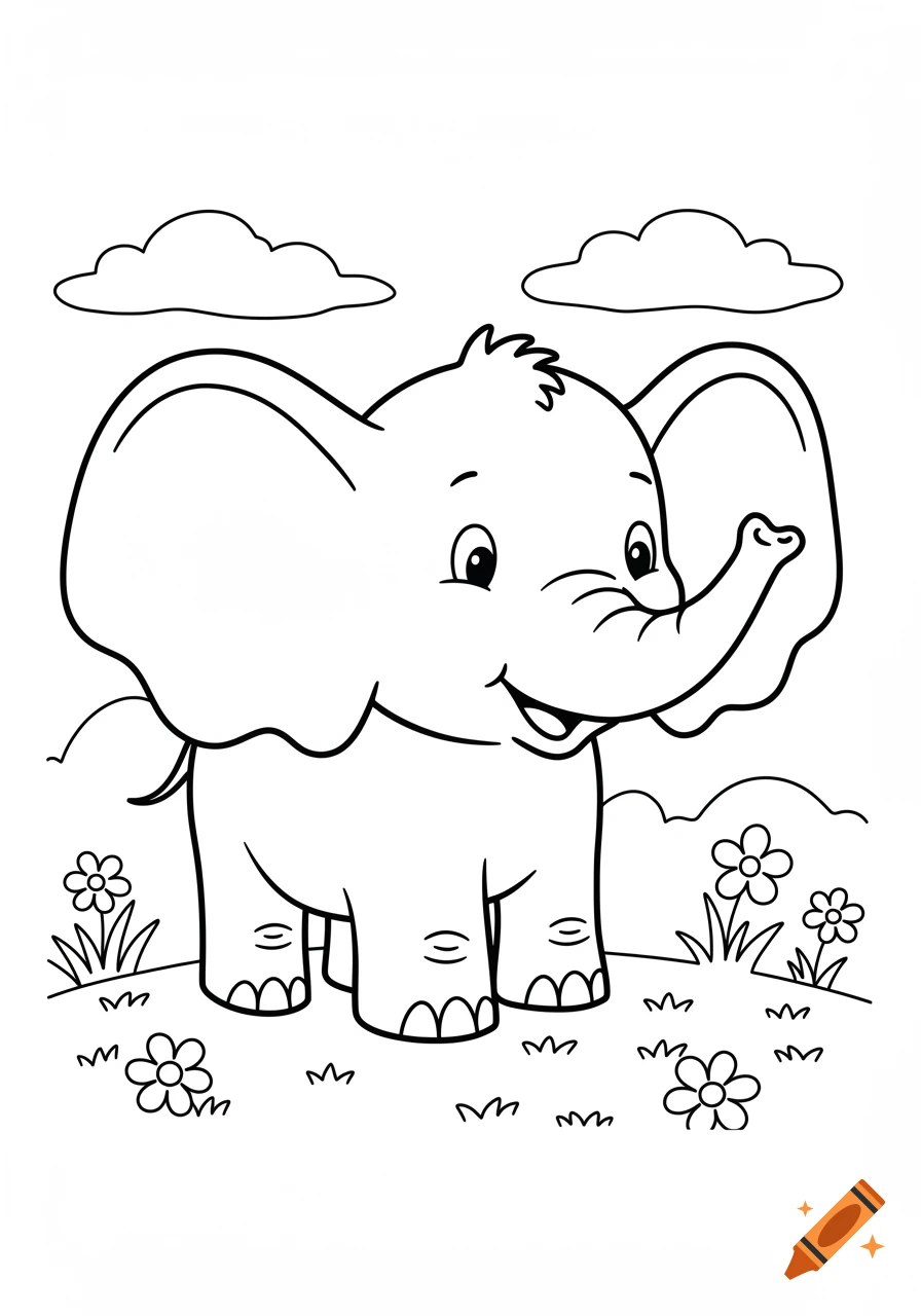 Black and white line art coloring page of a happy cartoon baby elephant in a field with flowers and clouds.