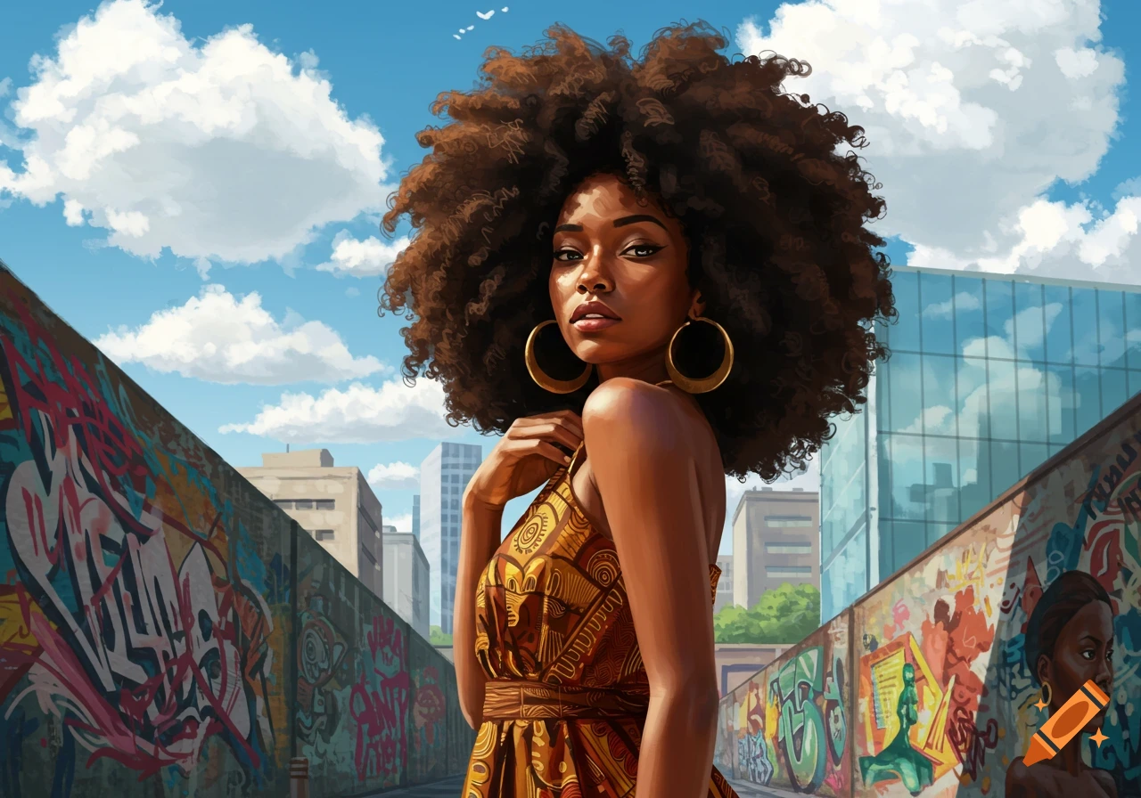 A young Black woman with a large afro and hoop earrings, wearing a patterned dress, stands in a graffiti-filled urban alley.