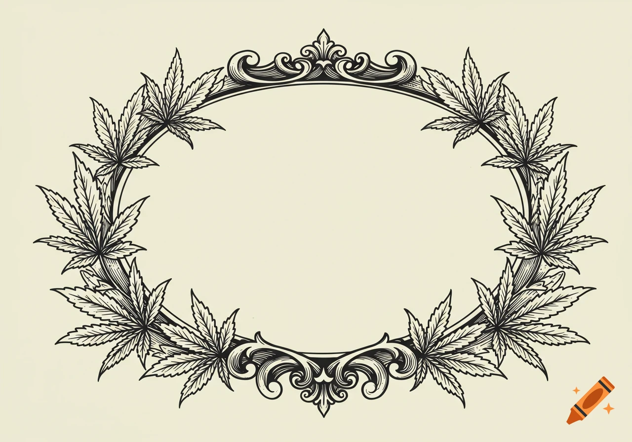 Ornate black and white oval frame made of detailed hemp leaves and curling filigree in an engraved style.