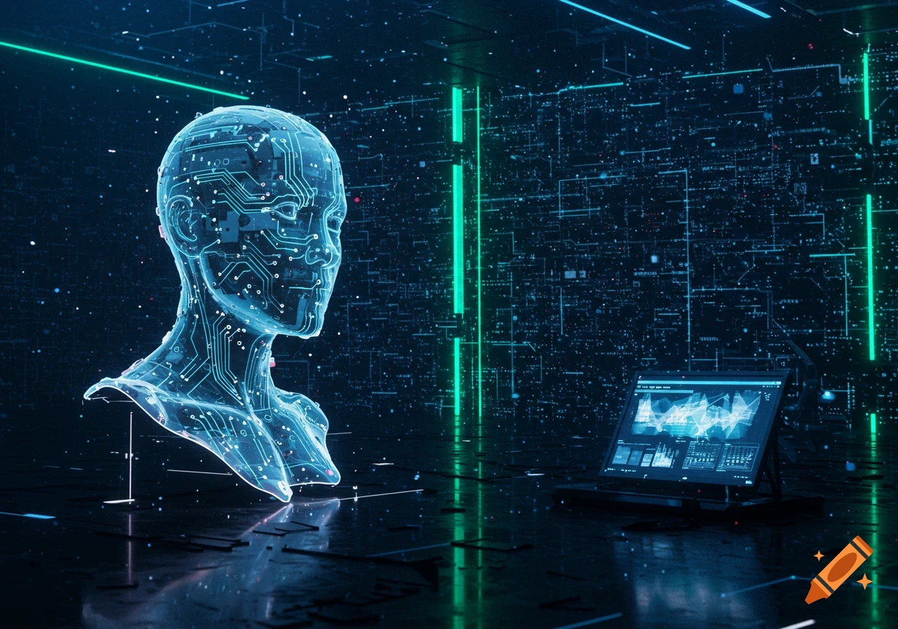 Holographic human head with glowing circuits next to a laptop showing digital data in a dark, high-tech environment.