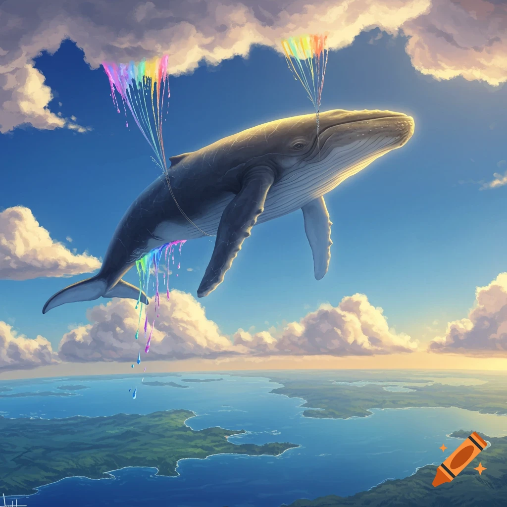 A large whale floats in a blue sky, tethered to rainbow-dripping clouds, soaring above an island-filled ocean landscape. Fantasy art.