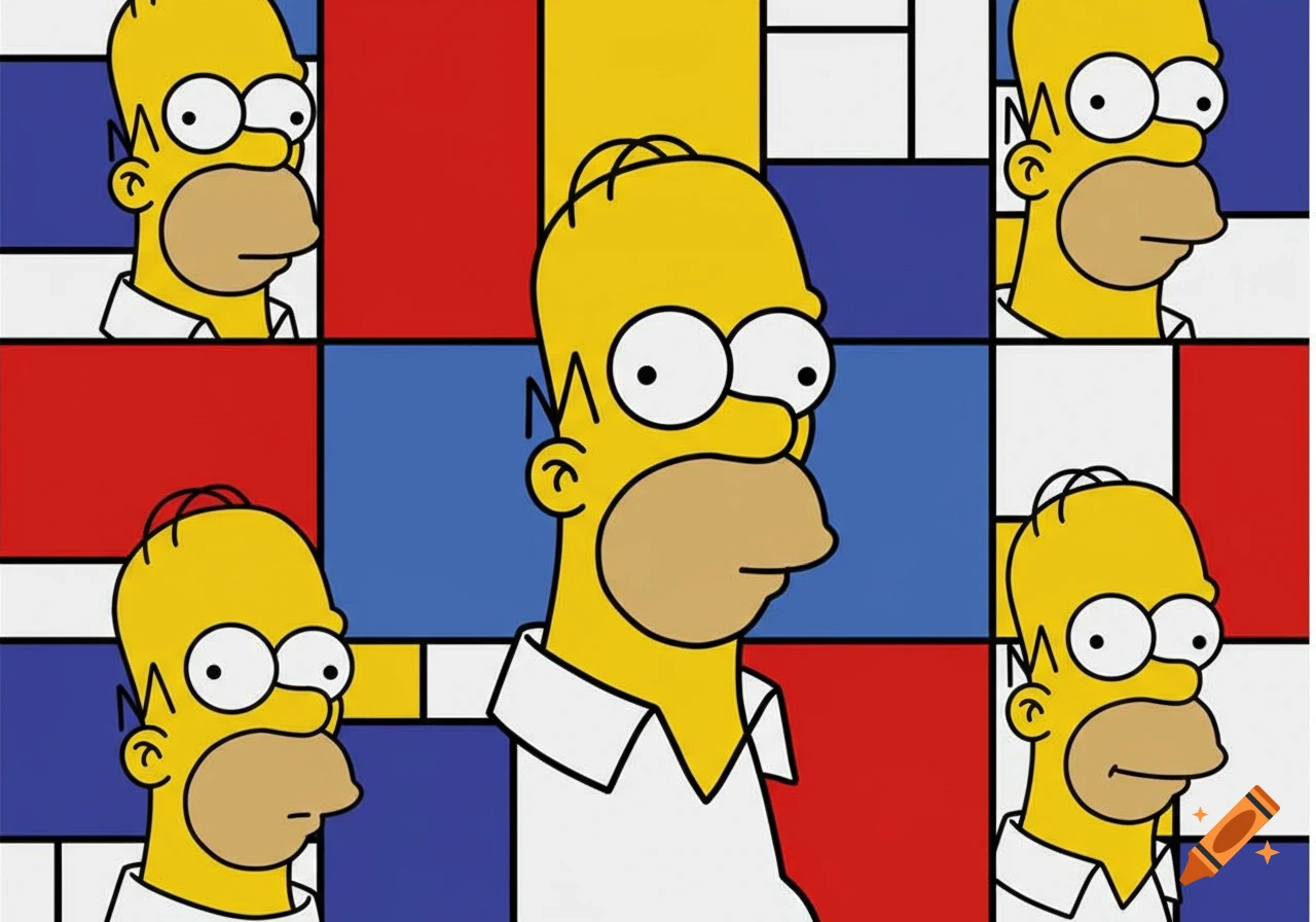 A grid of Homer Simpson's head in a Mondrian style, with blocks of red, blue, yellow, and white.