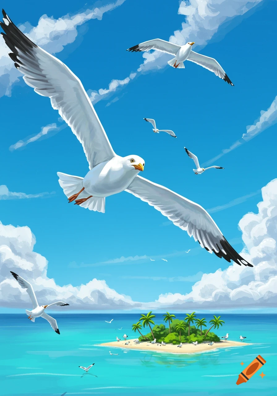 Illustrative scene of white seagulls flying in a bright blue sky with clouds over a small tropical island with palm trees and seagulls.
