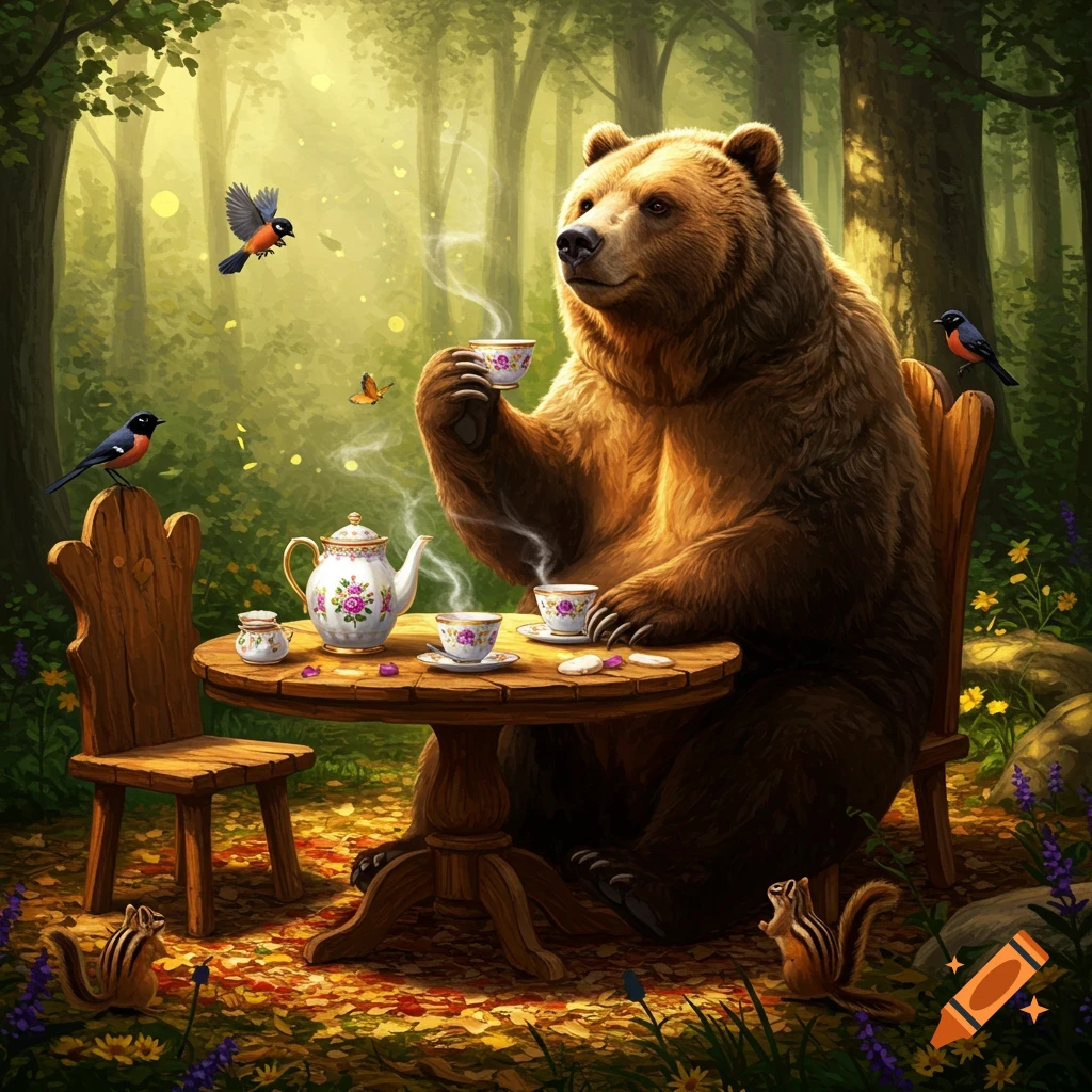 A large grizzly bear sits at a wooden table in a sunlit forest, sipping tea from a cup, with birds and squirrels nearby. Illustrated.