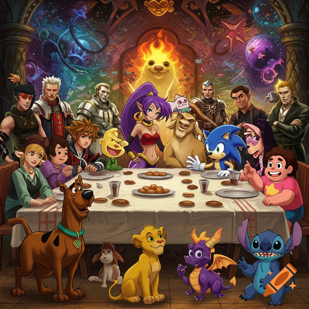 Numerous cartoon and video game characters from various franchises gather around a long table in a vibrant, ornate fantasy hall.