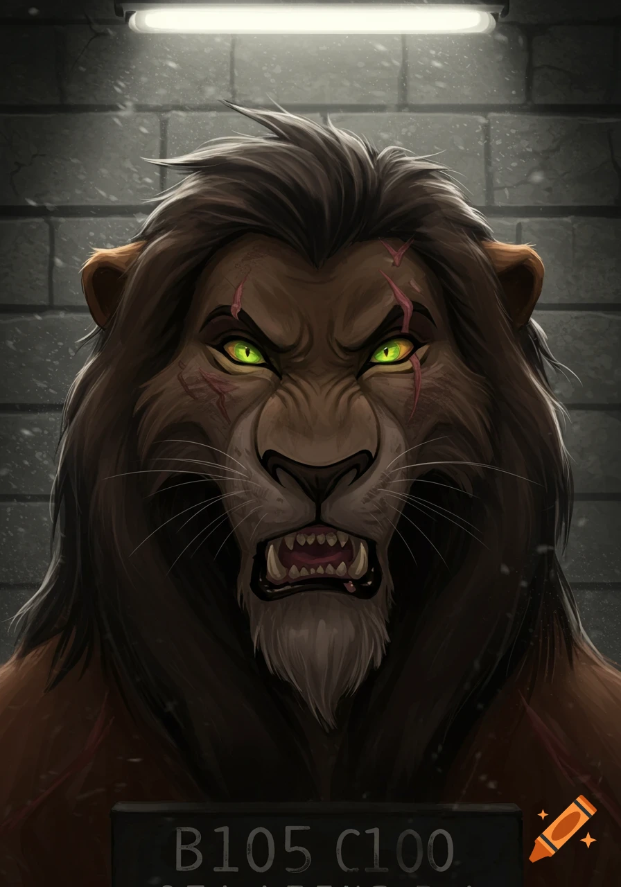 A menacing digital art mugshot of Scar from The Lion King, with glowing green eyes against a brick wall.