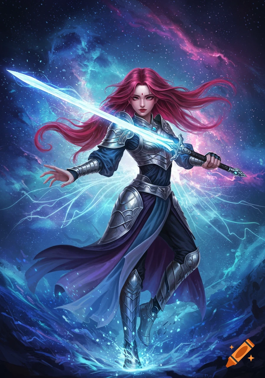 A female warrior with long pink hair and armor stands, holding a glowing blue sword and casting, against a vibrant cosmic nebula background. Digital painting.