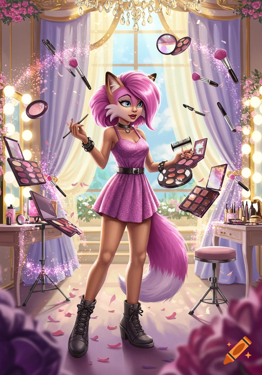 Vibrant cartoon of a pink anthropomorphic fox holding makeup brushes and palettes in a lavish room.