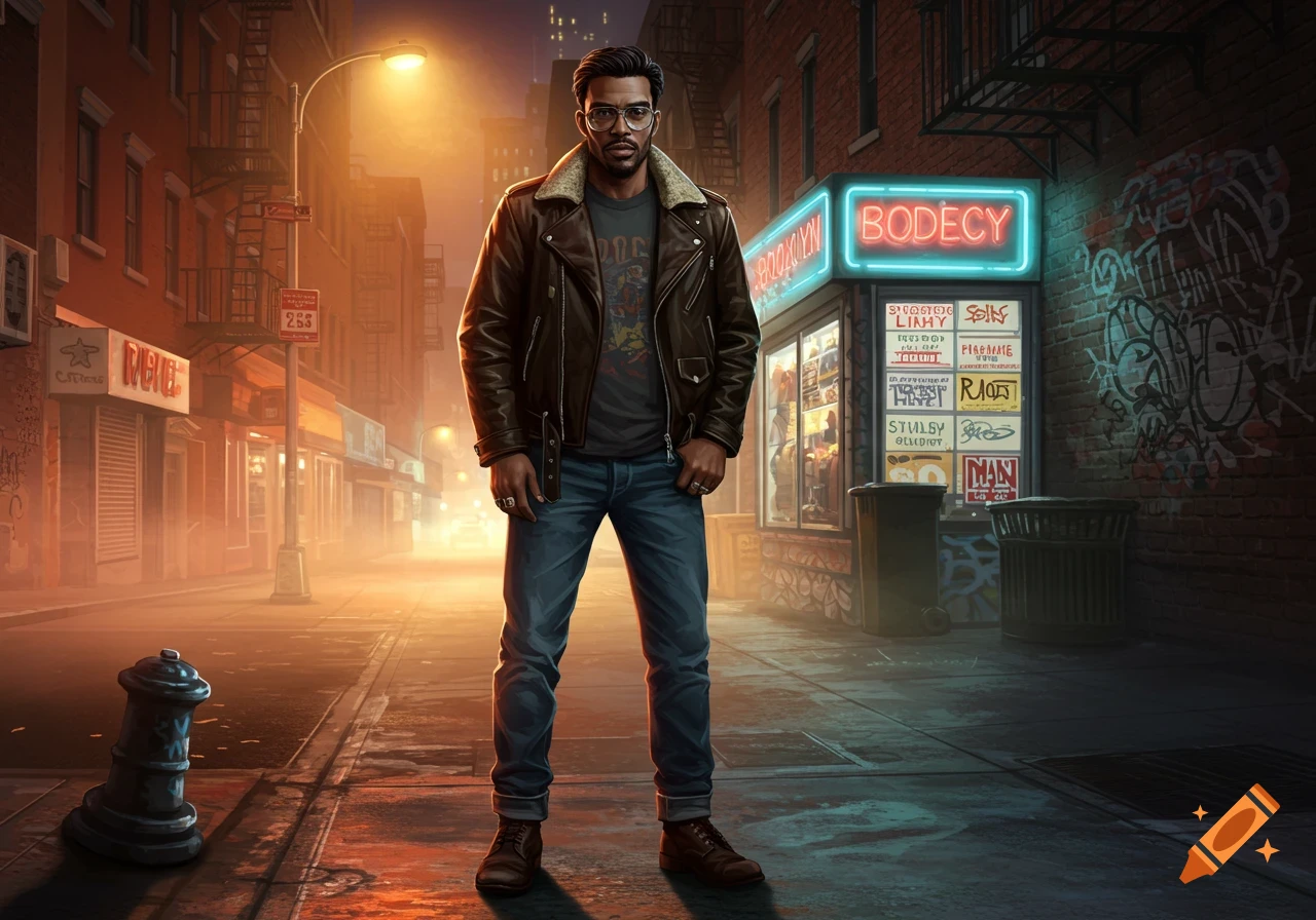 A man with glasses and a leather jacket stands on a dimly lit Brooklyn street at night, with a neon "BODECY" sign behind him.