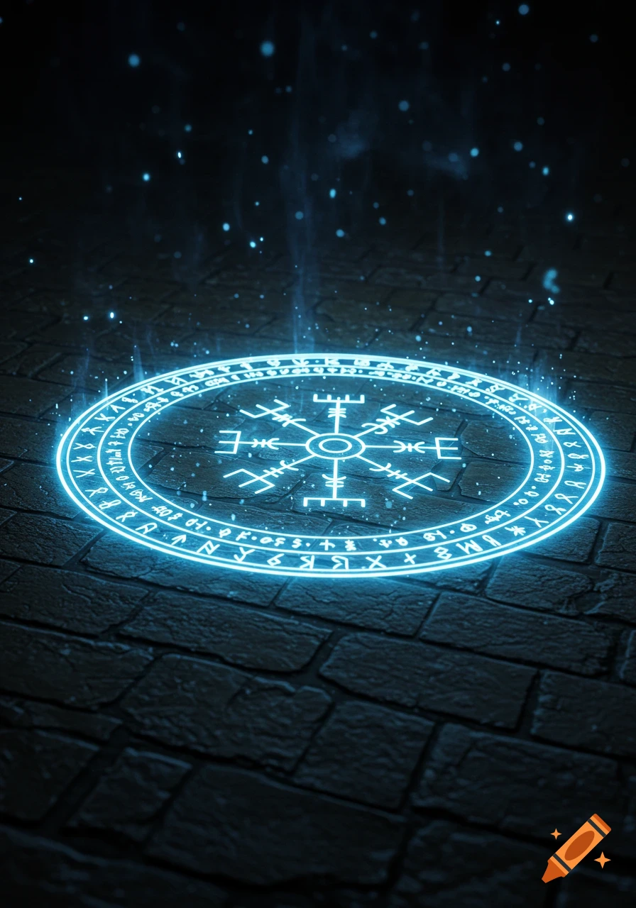 A glowing blue magic circle with runes and symbols radiates light from a dark, textured stone floor in a low-light setting.