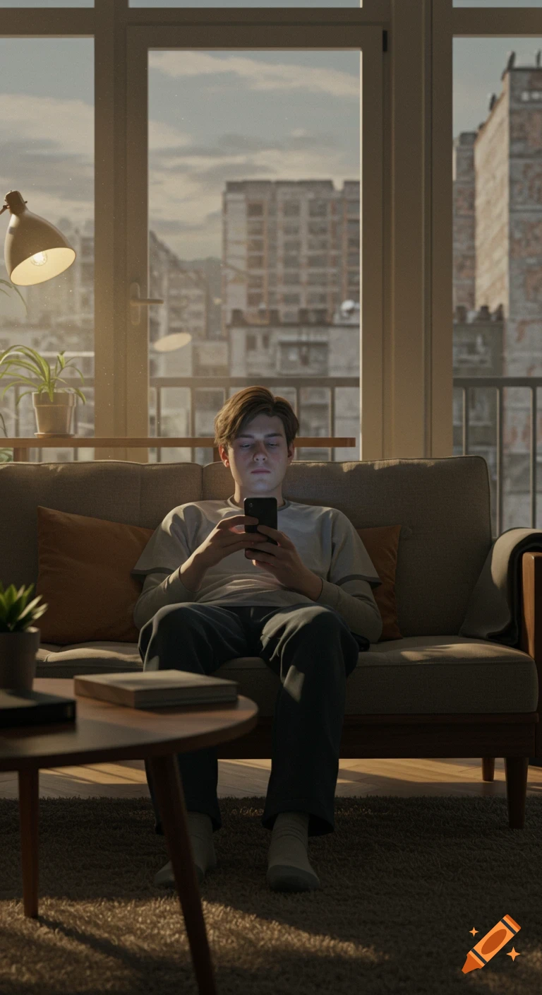 A young man sits on a sofa, looking intently at his brightly lit smartphone in a sunlit living room with a city view outside the window.