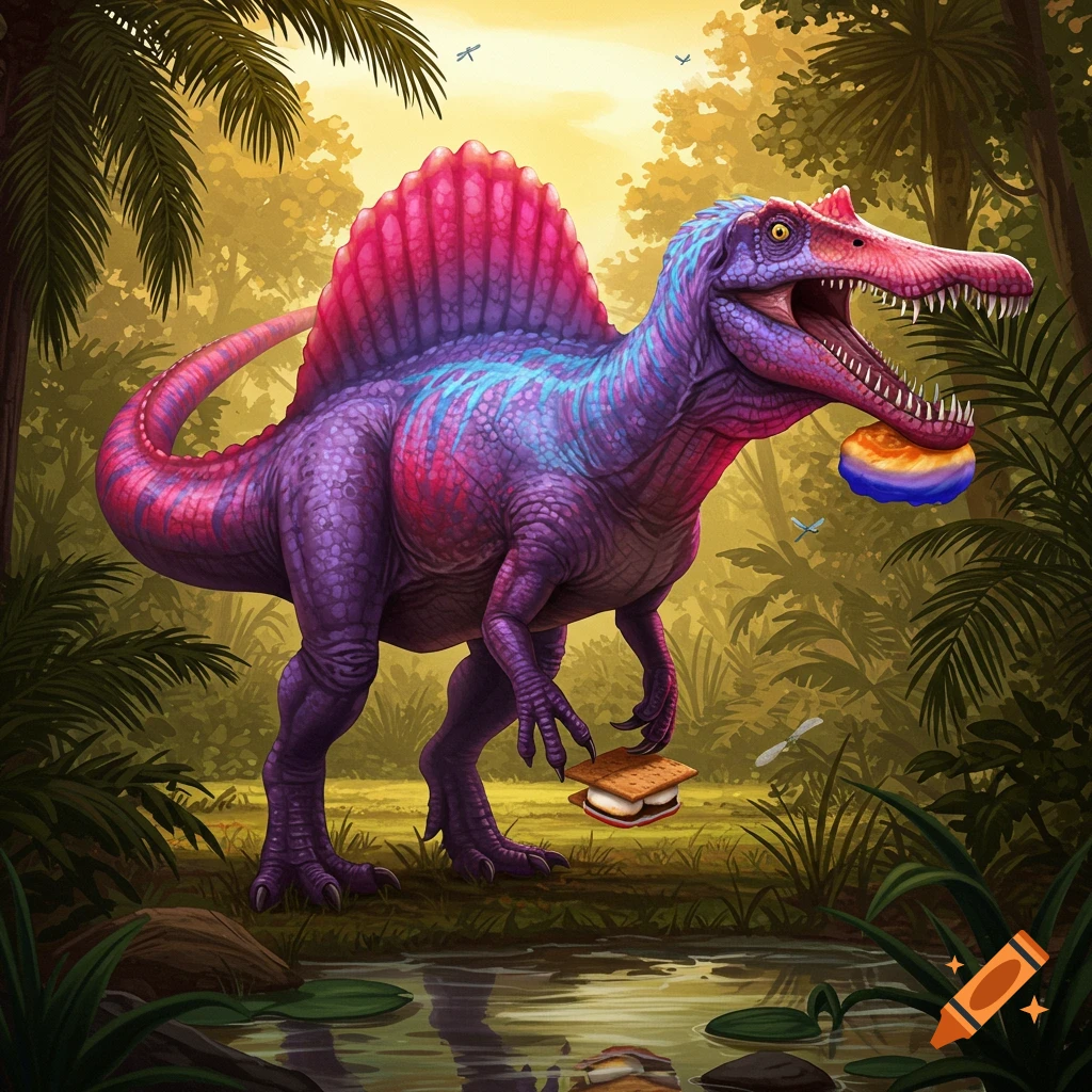 A brightly colored spinosaurus, adorned in bisexual flag colors, eats s'mores in a vibrant jungle setting.
