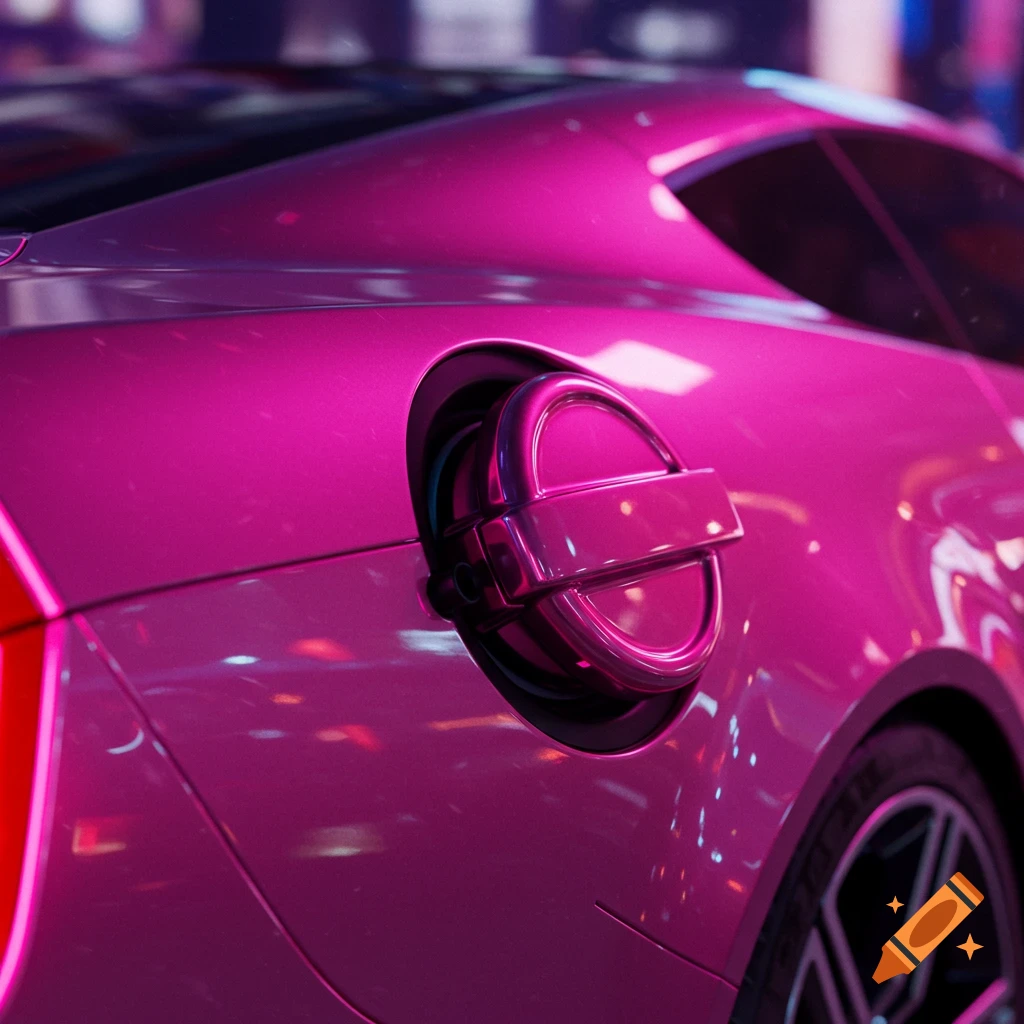 Close-up of a vibrant pink sports car's gas cap and rear panel with city light reflections.
