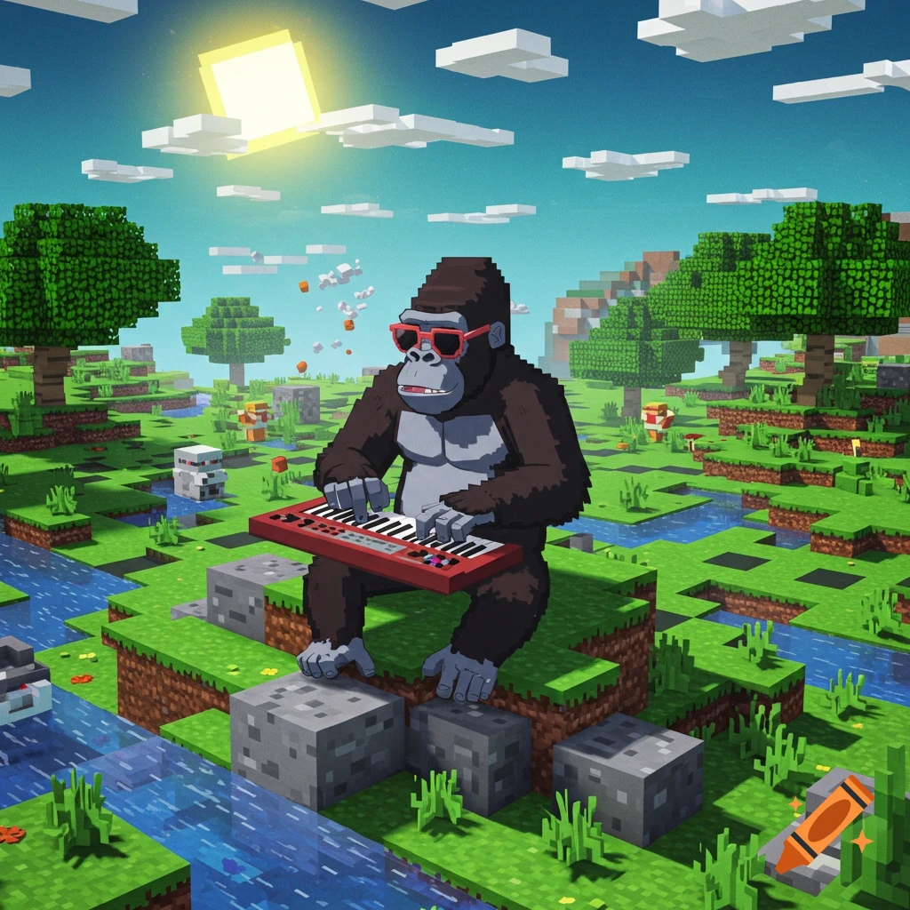 A cool pixel art gorilla wearing red sunglasses plays a red keyboard in a blocky Minecraft-style world with rivers, trees, and a square sun.