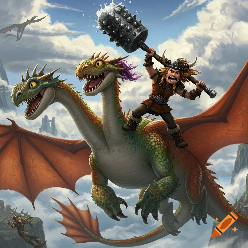 A stylized illustration of a Viking-like character riding a two-headed dragon through a cloudy sky, wielding a spiked mace.