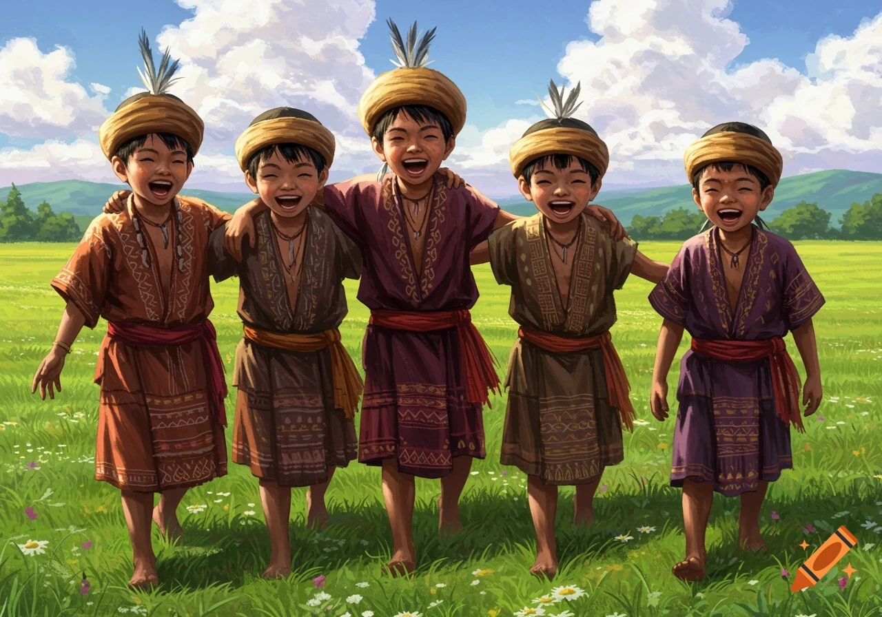 Five joyful boys in traditional attire standing arm-in-arm in a vibrant green field under a blue sky, in an illustrative style.