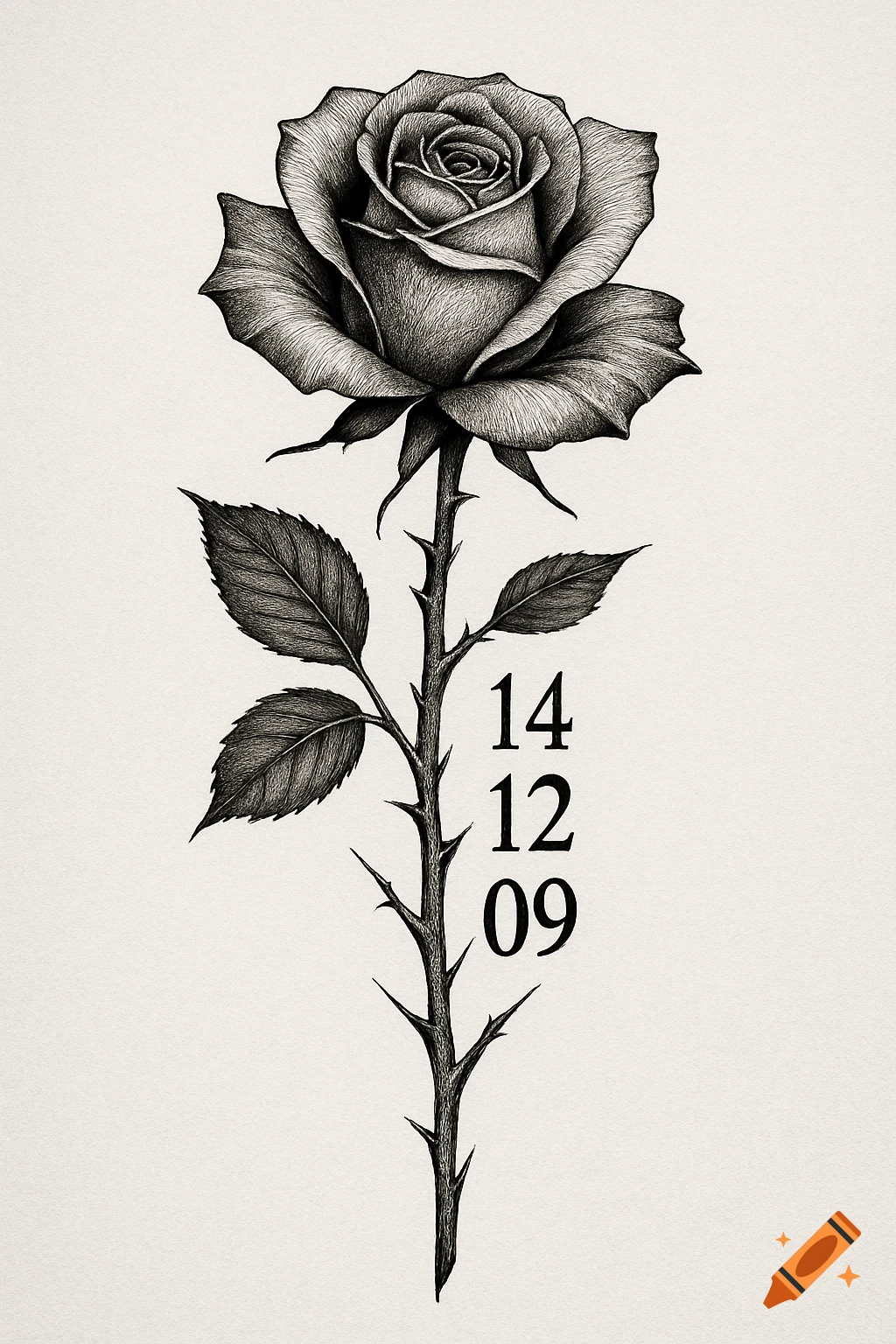 A black and white detailed illustration of a single rose with a thorny stem and leaves, featuring the numbers 14, 12, 09 stacked vertically on the stem.