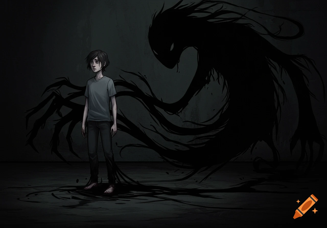 A somber young person stands in a dark room with a large, menacing, tentacled shadow looming behind them in a painterly animation style.