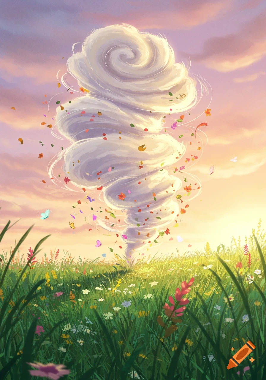 Whimsical cloud tornado scattering colorful leaves and flowers over a vibrant green meadow under a sunset sky with butterflies.